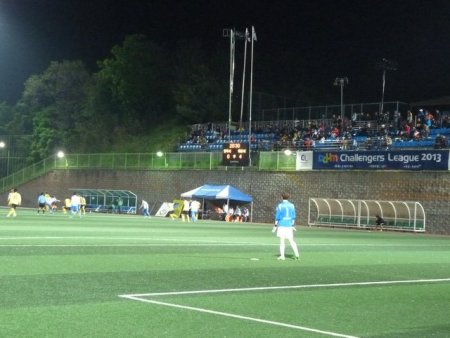 The main stand from behind the goal.