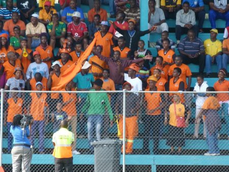 The Polokwane fans play up for the cameras.